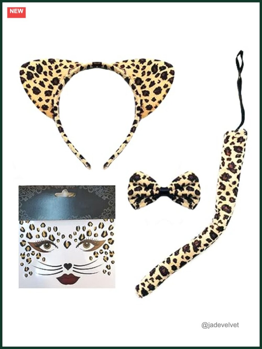Leopard Cat Ears Headband Bow Tie Tail Temporary Tattoo Set Costume Accessory